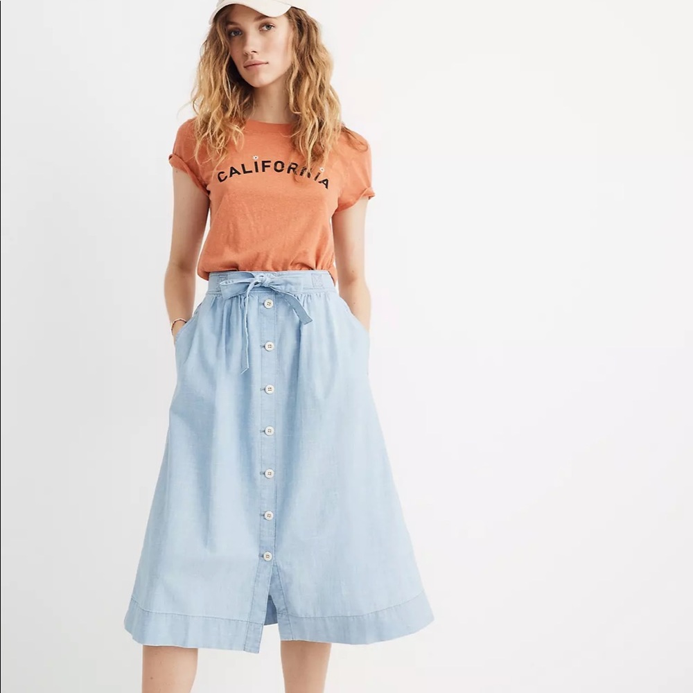 Madewell Tie Palisade Button-Front Midi Skirt in Chambray